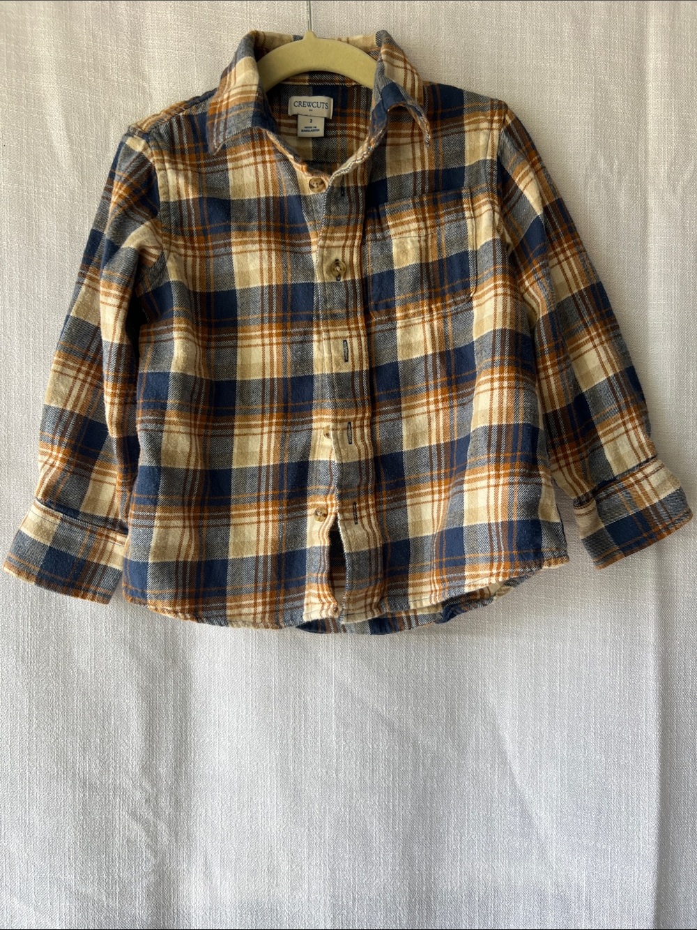 Crewcuts Navy, Tan & Cream Plaid Button-Down Flannel Shirt 100% Cotton Size 2T